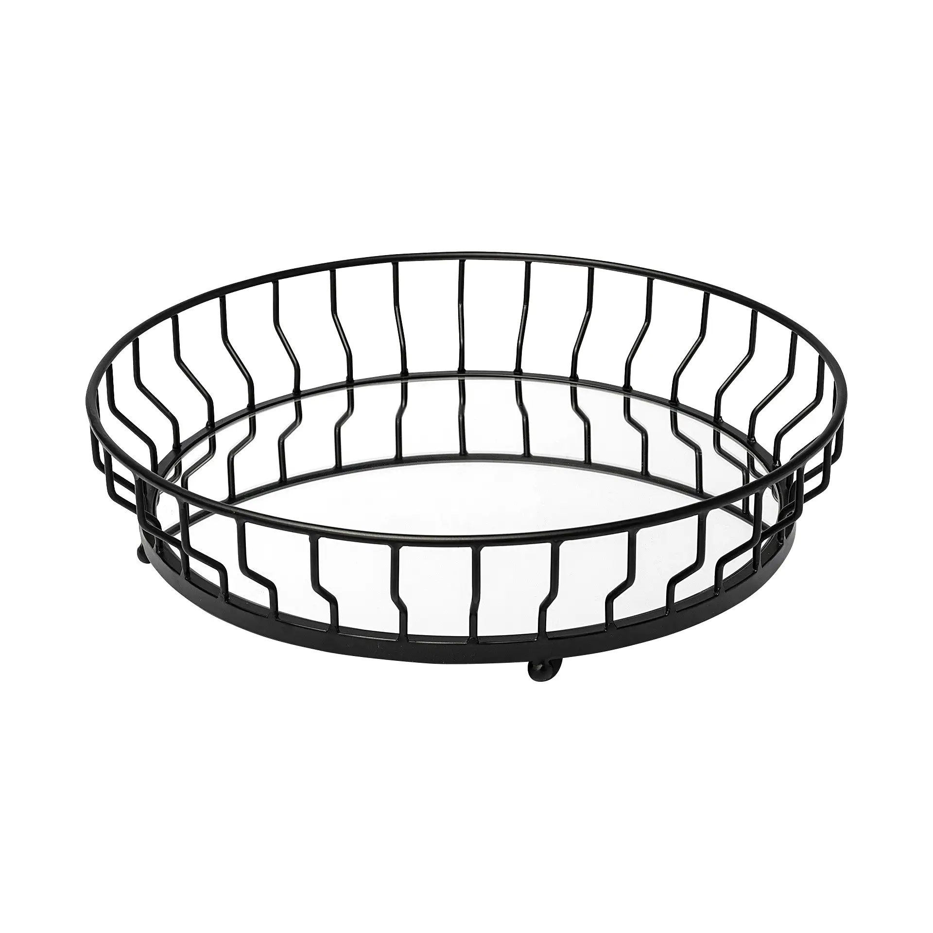 20 Matte Black Wavy Metal With Mirrored Glass Bottom Round Tray