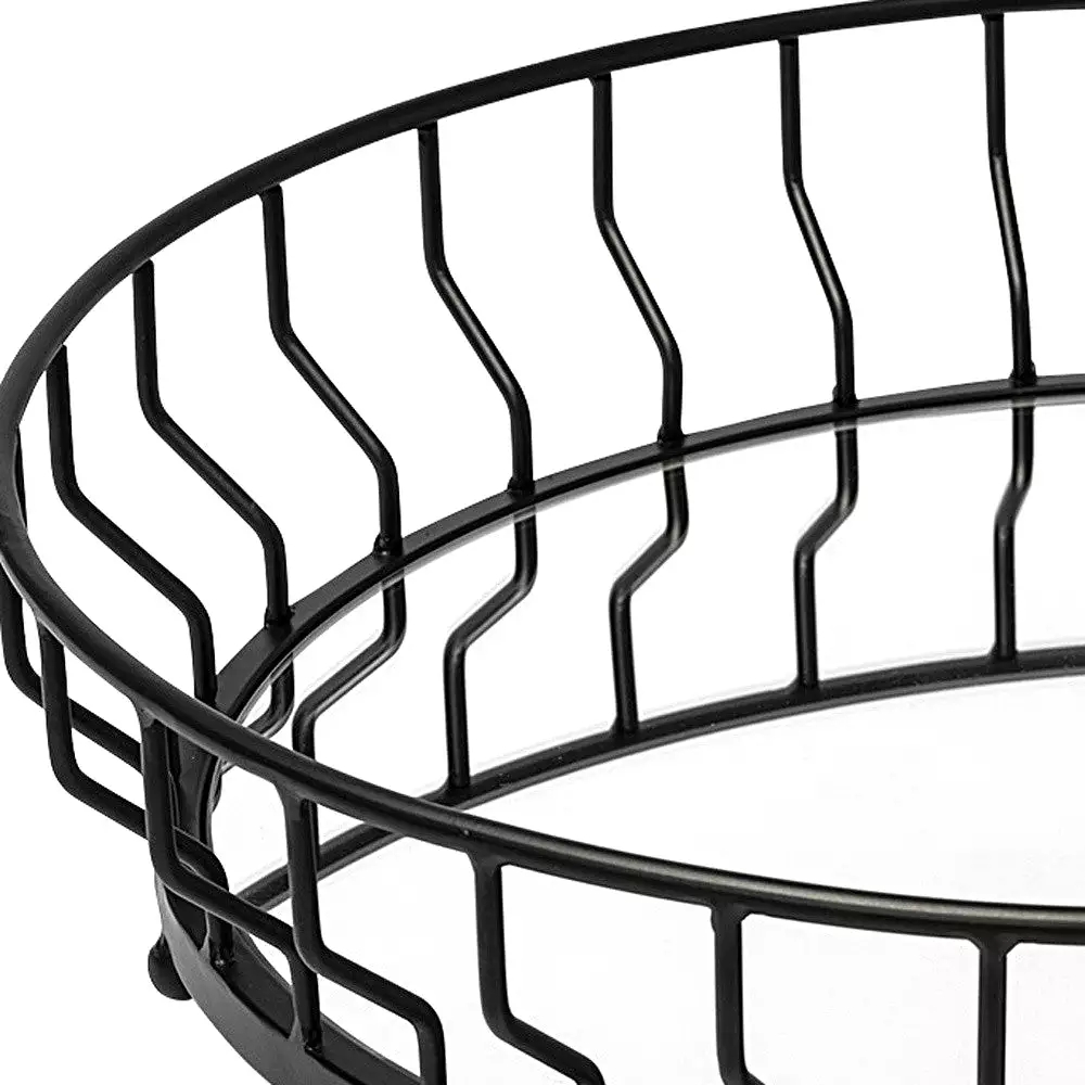 20 Matte Black Wavy Metal With Mirrored Glass Bottom Round Tray