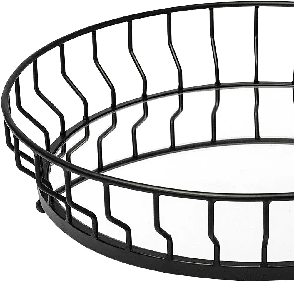 20 Matte Black Wavy Metal With Mirrored Glass Bottom Round Tray