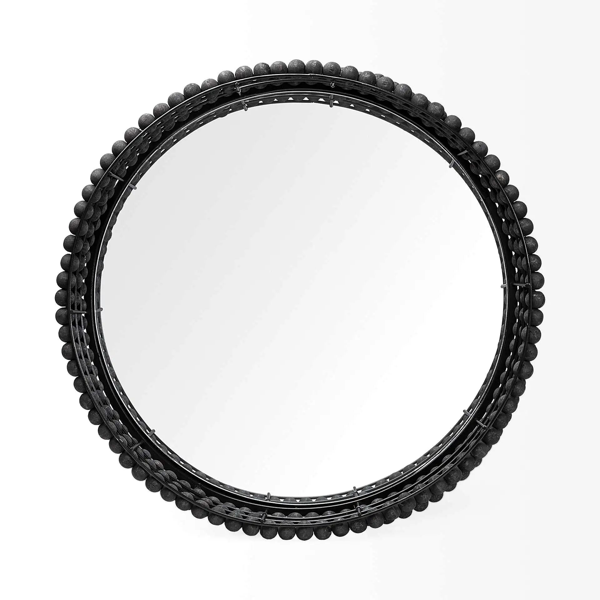 21 Matte Black Wood With Bead Mirrored Glass Bottom Round Tray