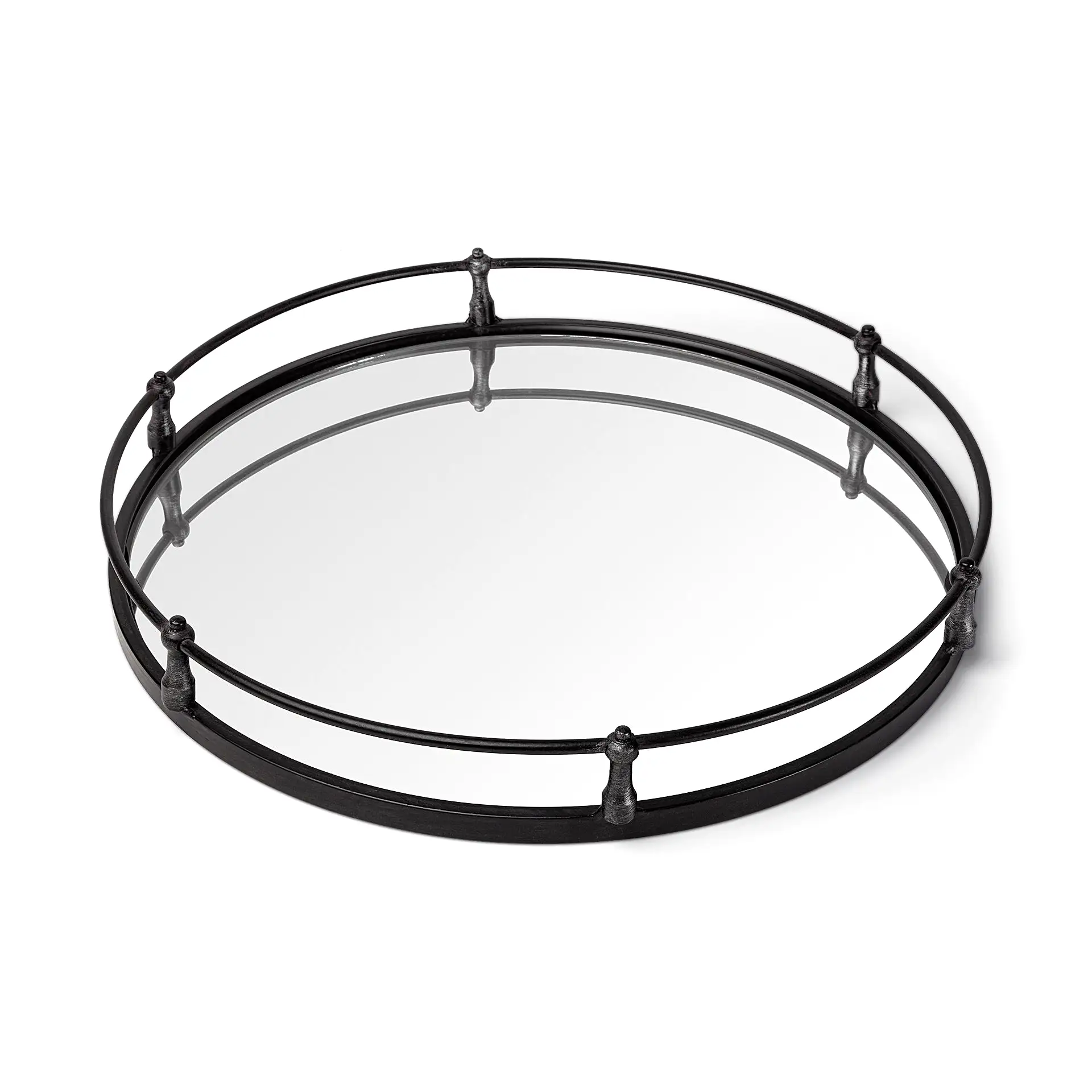 24 Natural Finish Metal With Mirrored Glass Bottom Round Tray