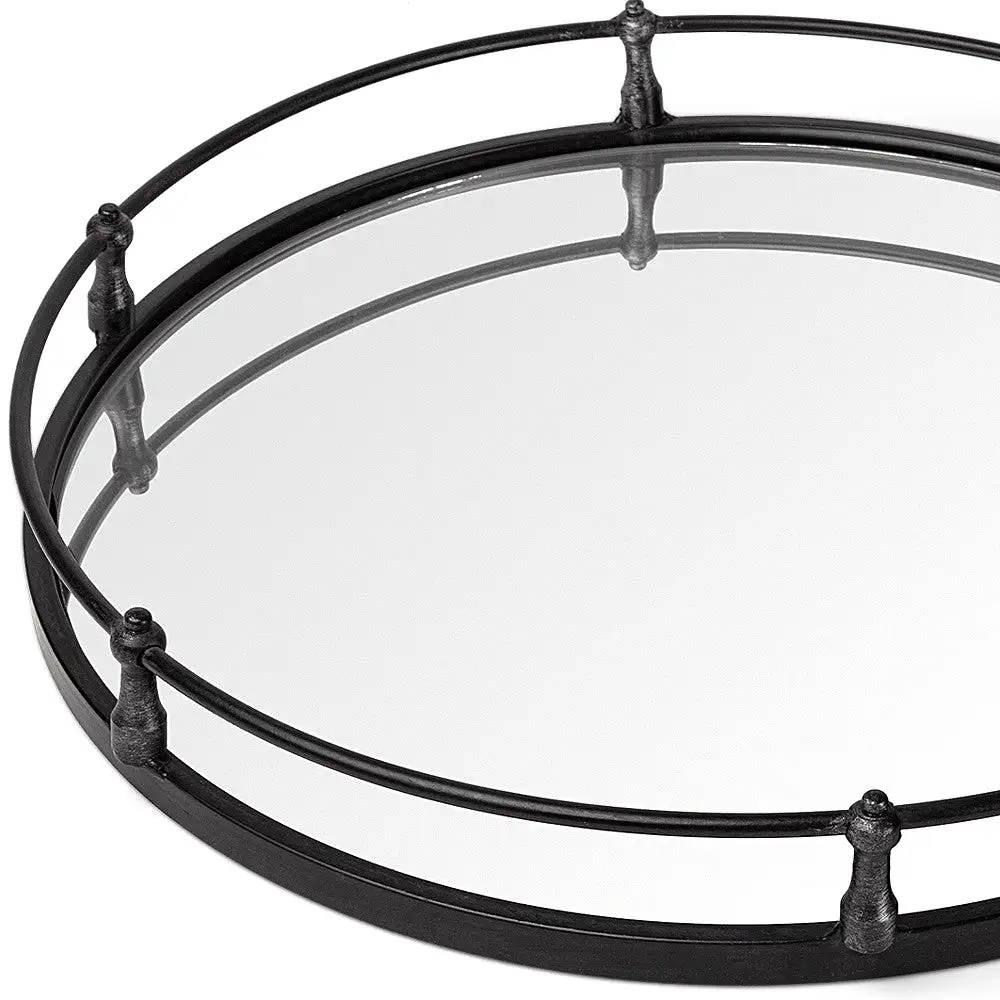 24 Natural Finish Metal With Mirrored Glass Bottom Round Tray