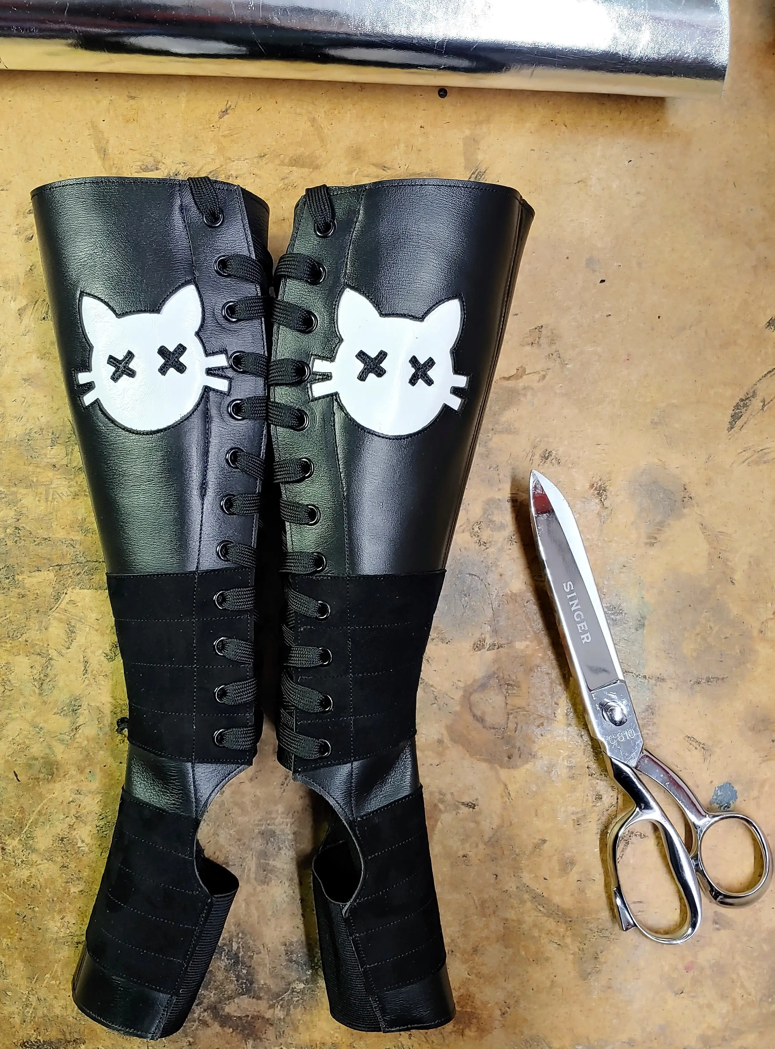 Black Aerial boots w/ Cartoon Cat + Suede Grip & inside ZIP