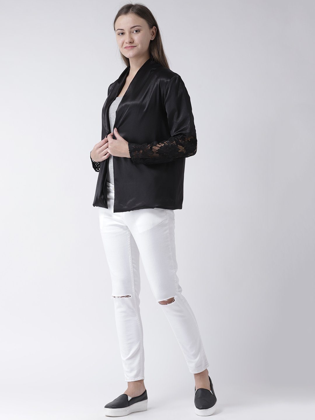 Black Satin Jacket with Lace & Lapel detail