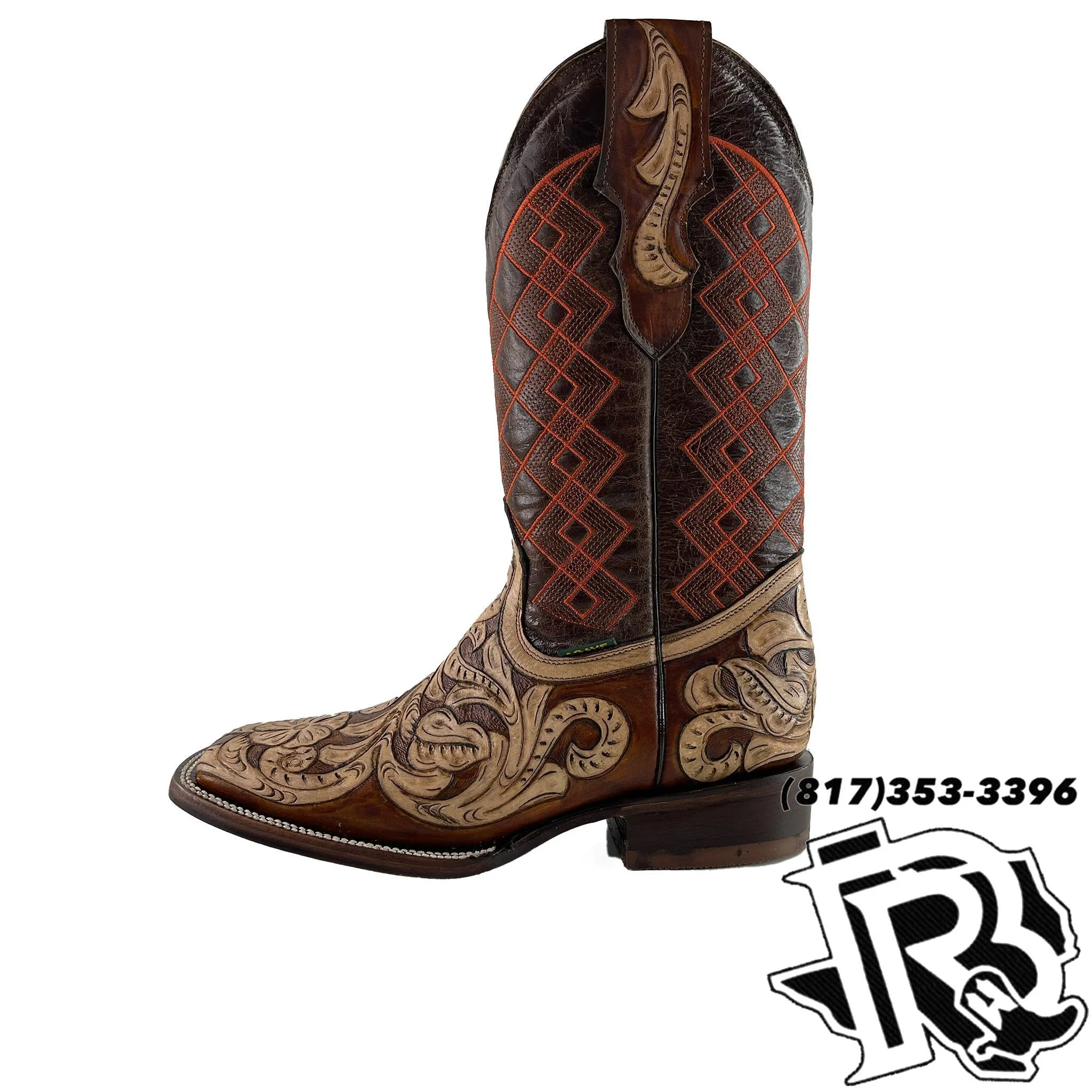 BR BOOTS : Tooled leather natural SQUARE TOE BOOTS