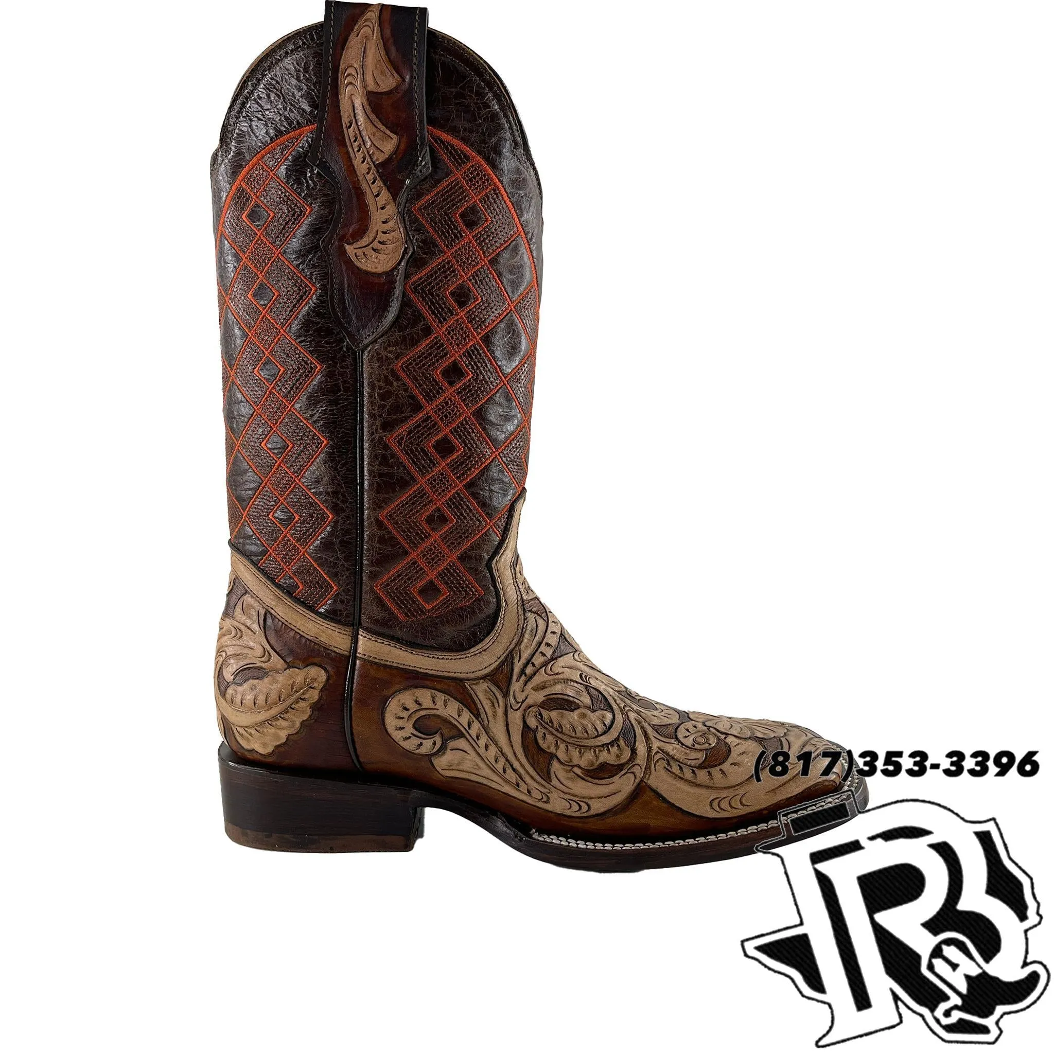 BR BOOTS : Tooled leather natural SQUARE TOE BOOTS