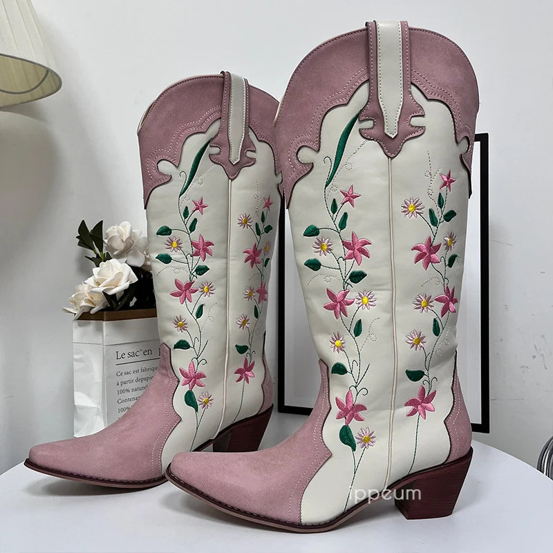 Cowgirl Boots Pink Flower Embroidered Knee Shoes For Women Mid Calf Western Botas Cowboy Mujer Fashion