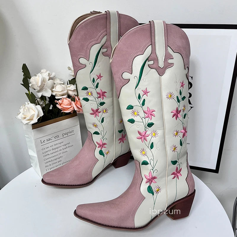 Cowgirl Boots Pink Flower Embroidered Knee Shoes For Women Mid Calf Western Botas Cowboy Mujer Fashion