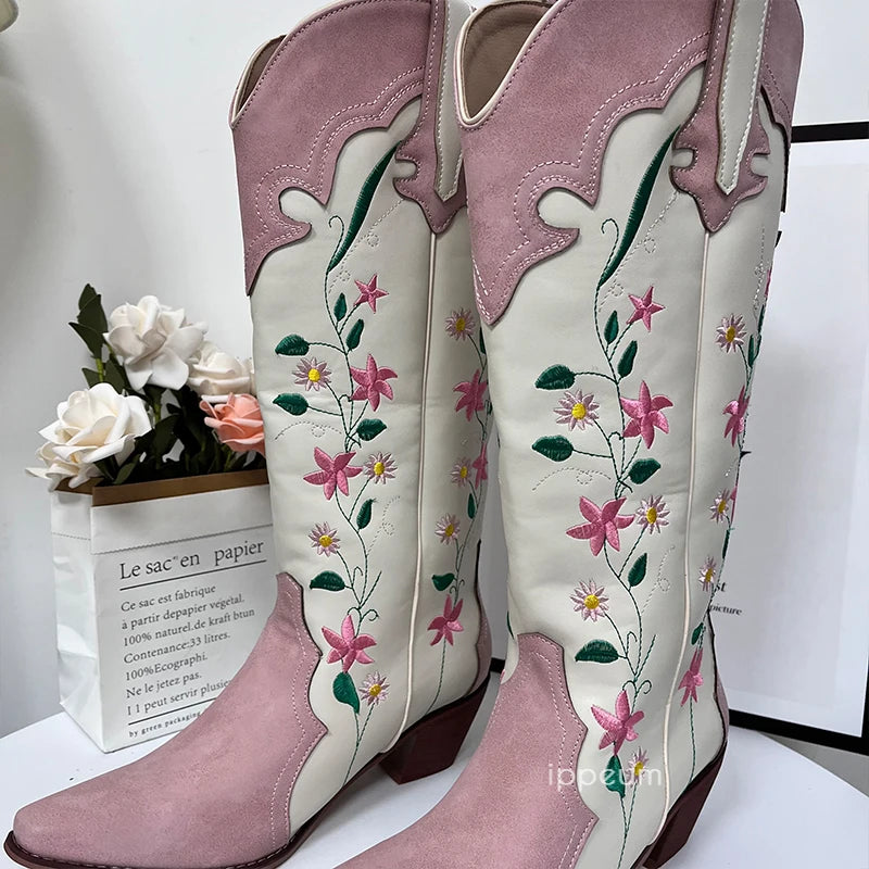 Cowgirl Boots Pink Flower Embroidered Knee Shoes For Women Mid Calf Western Botas Cowboy Mujer Fashion