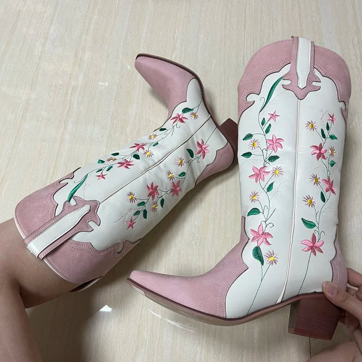 Cowgirl Boots Pink Flower Embroidered Knee Shoes For Women Mid Calf Western Botas Cowboy Mujer Fashion