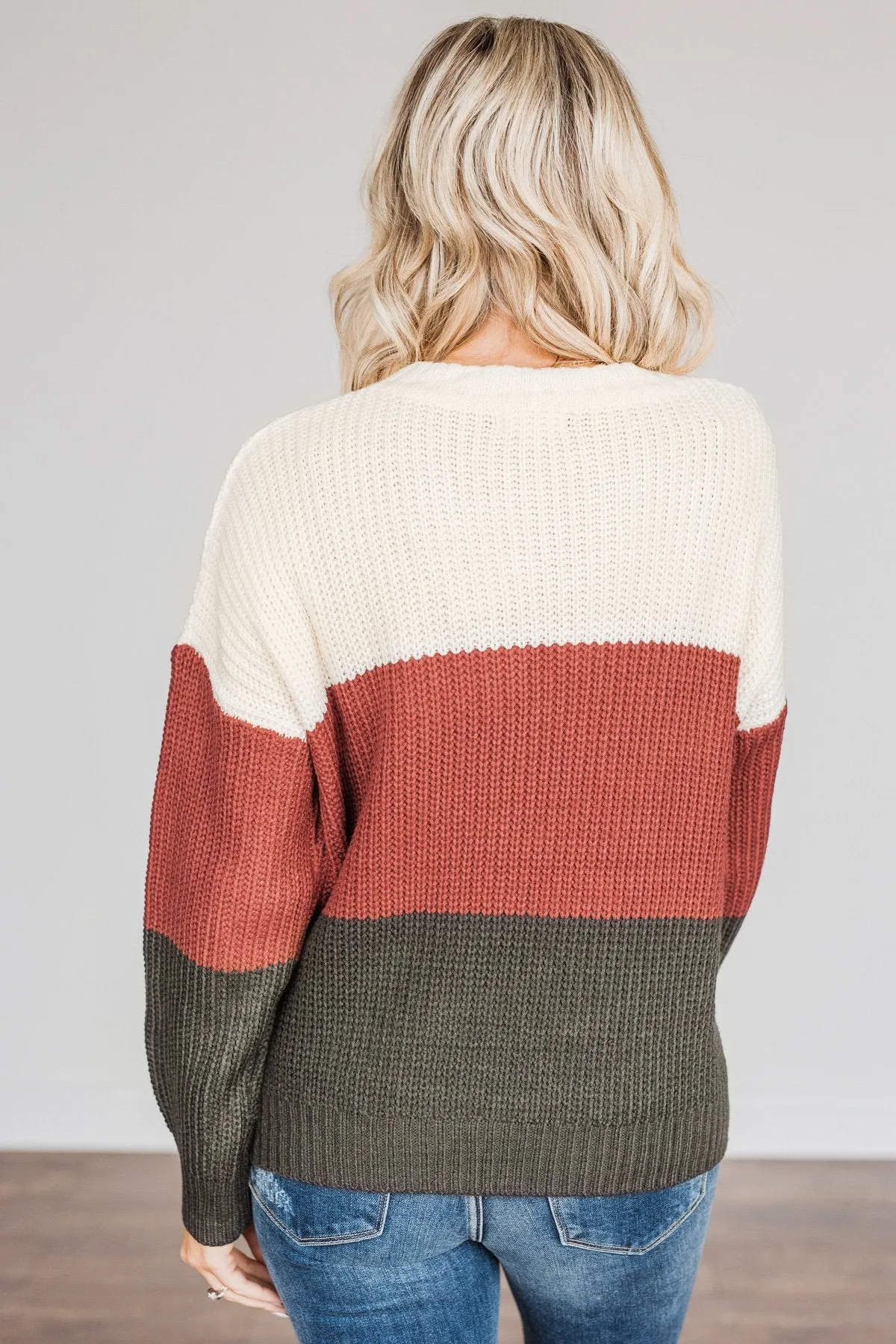 Crunching Leaves Color Block Sweater- Cream, Brick & Black