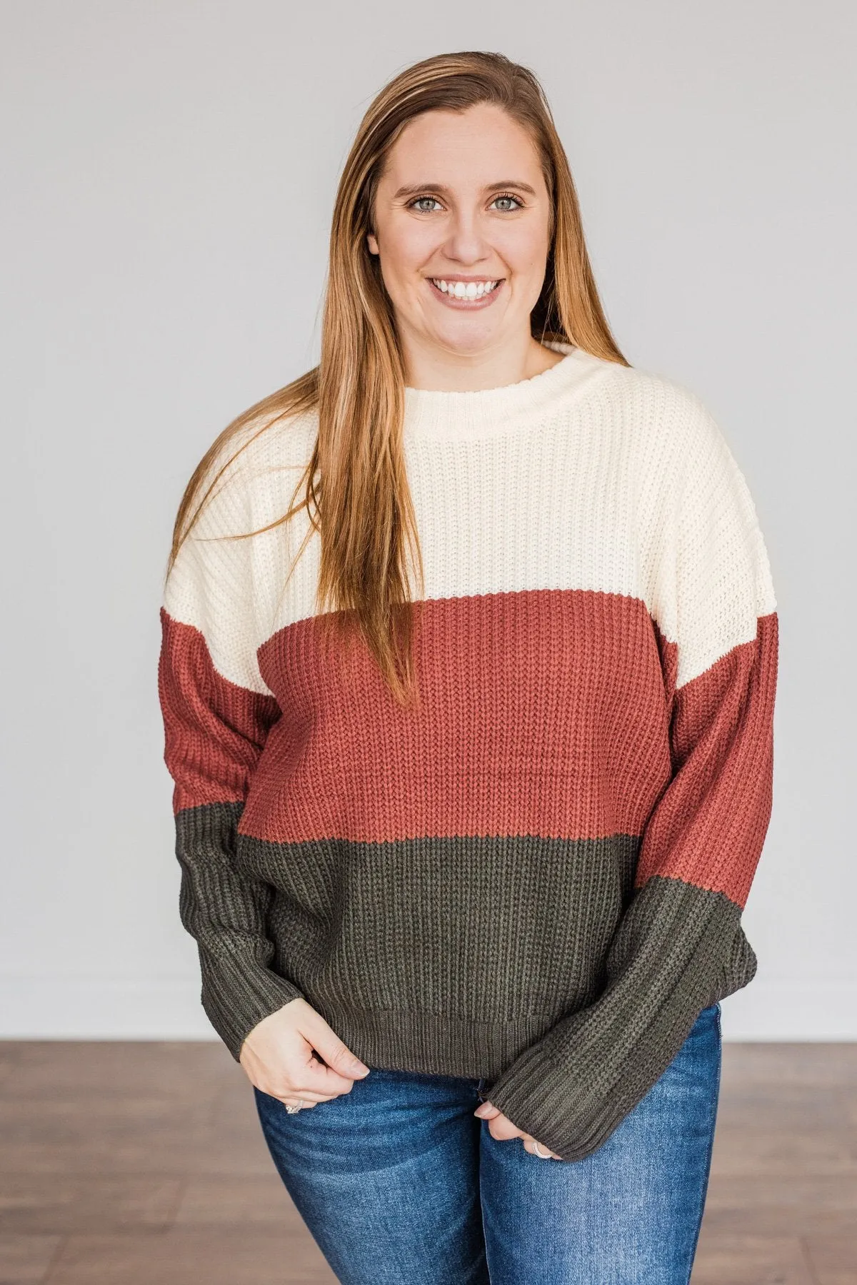 Crunching Leaves Color Block Sweater- Cream, Brick & Black