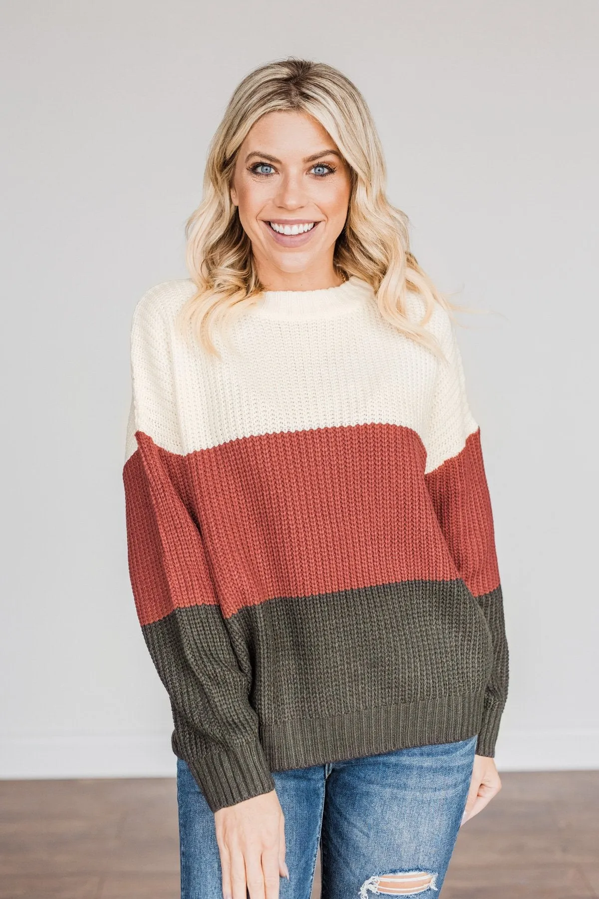 Crunching Leaves Color Block Sweater- Cream, Brick & Black