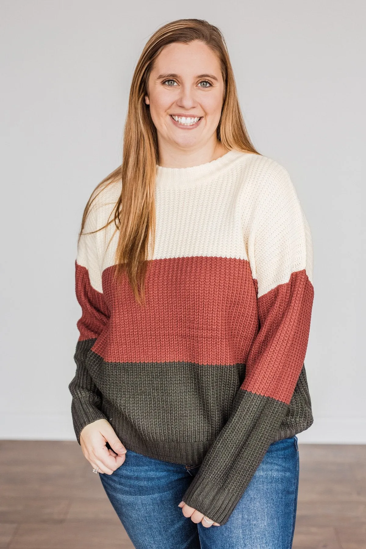 Crunching Leaves Color Block Sweater- Cream, Brick & Black