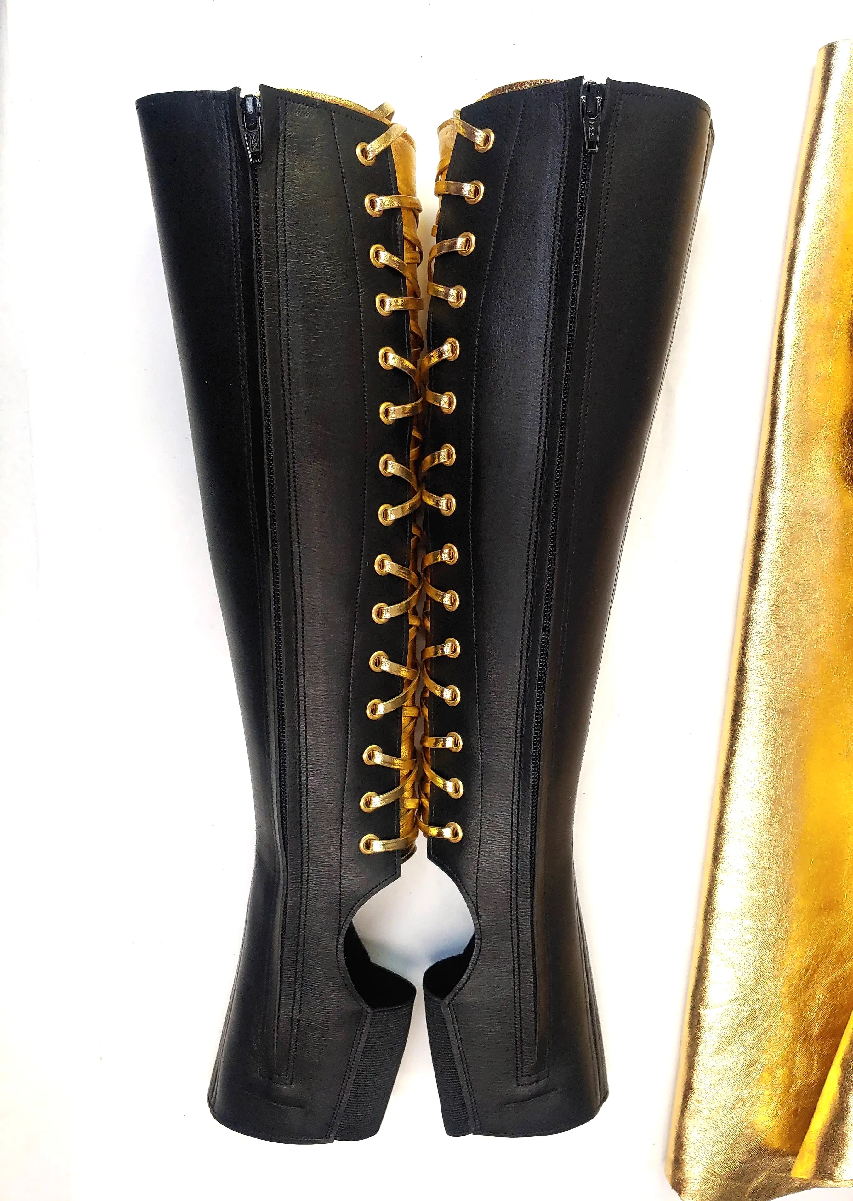 CUSTOM Black Aerial boots w/GOLD Back + ZIP