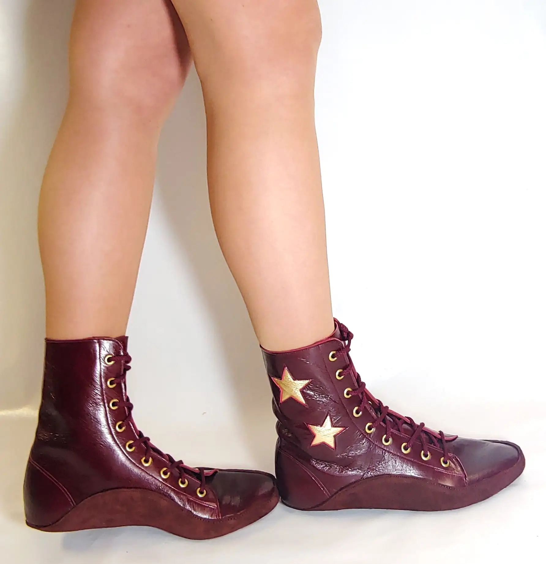 CUSTOM MADE Burgundy Tightrope Boots w/ 2 Gold Stars