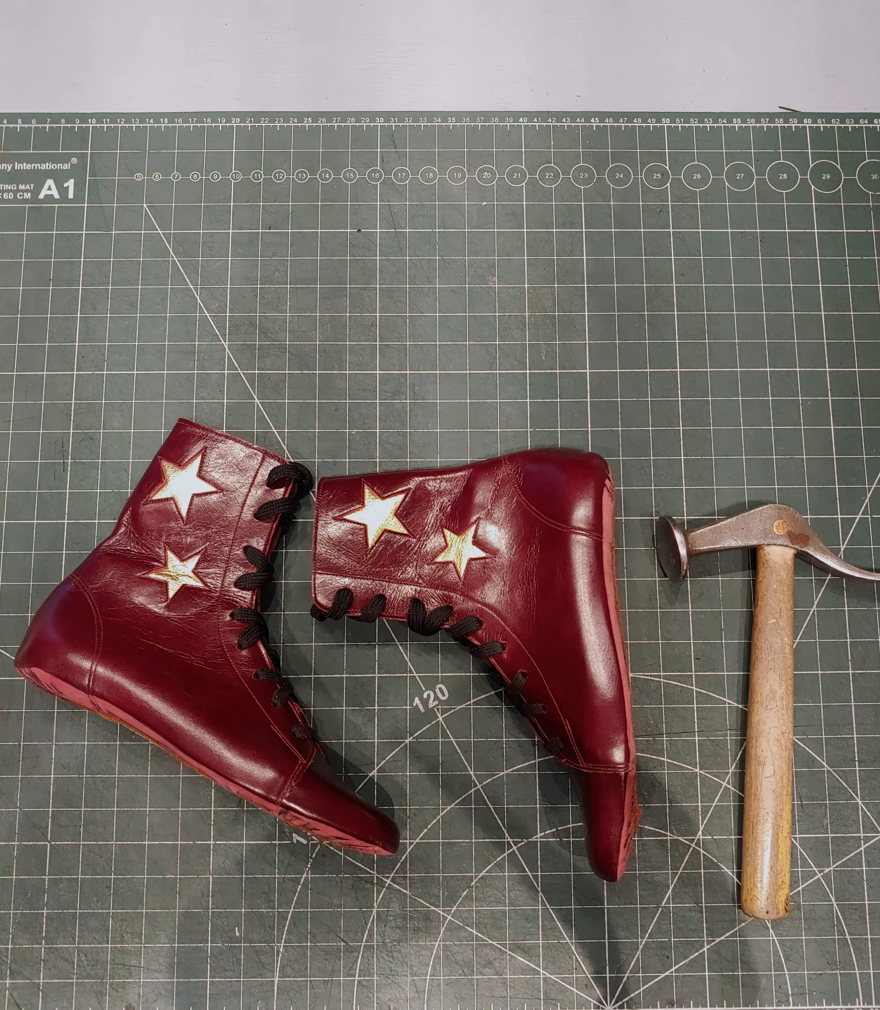 CUSTOM MADE Burgundy Tightrope Boots w/ 2 Gold Stars