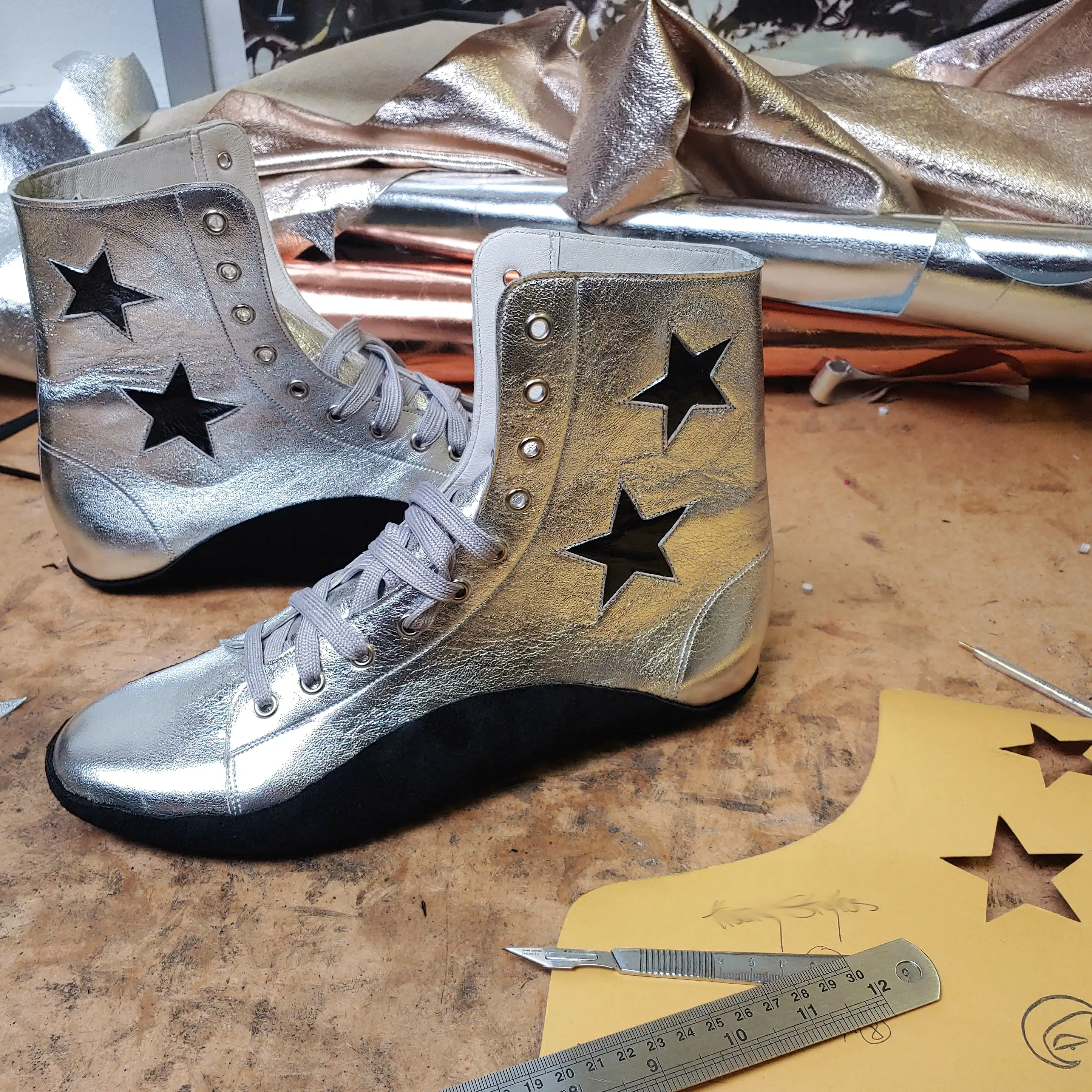 CUSTOM MADE Silver Tightrope Boots w/ 2 Black Stars