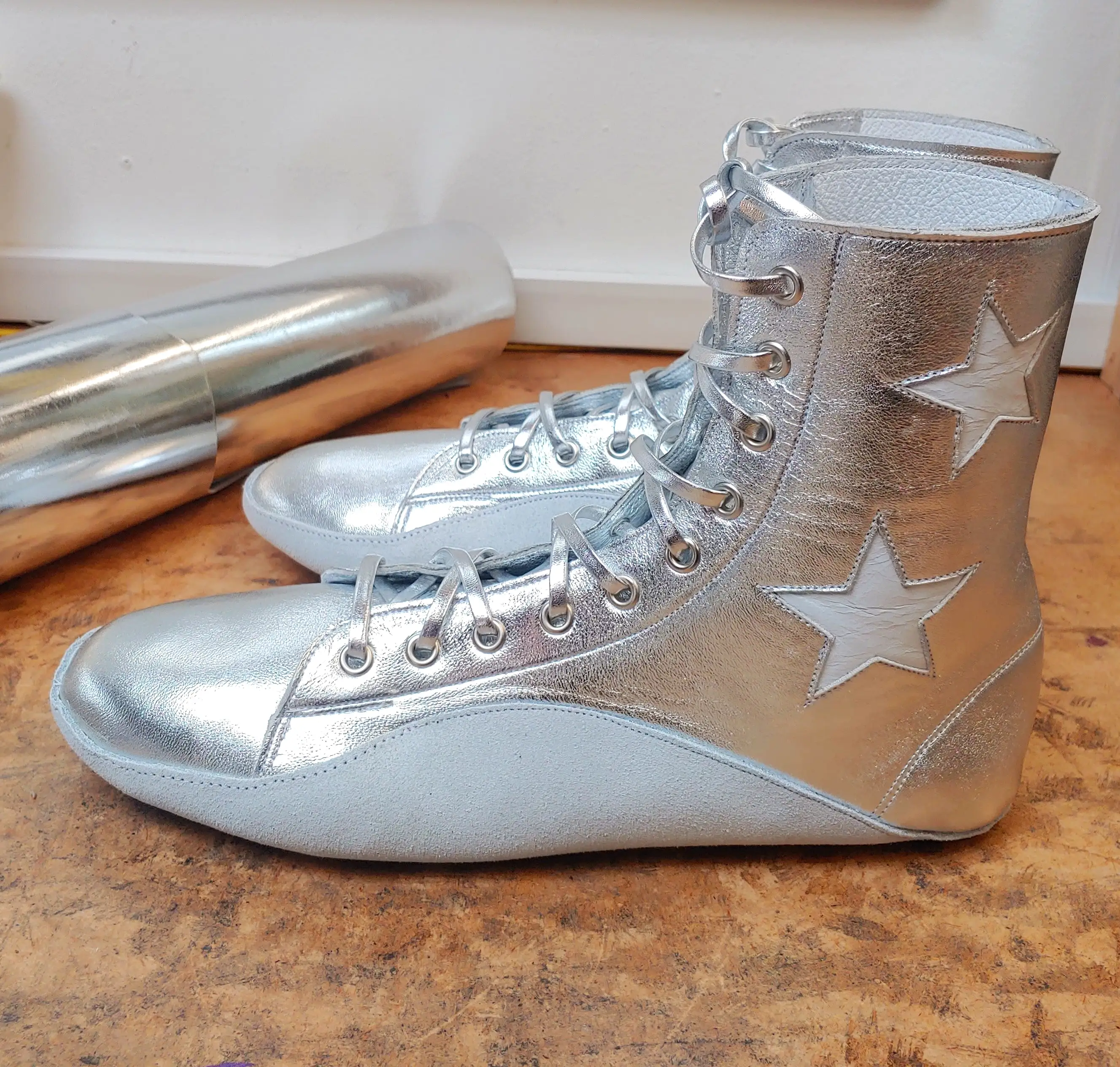 CUSTOM MADE Silver Tightrope Boots w/ White Stars