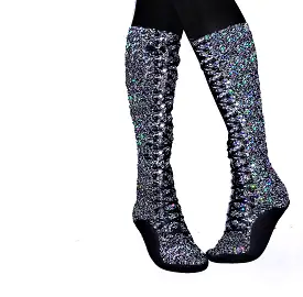 CUSTOM Silver & Black Glitter Tightrope KNEE HIGH Boots