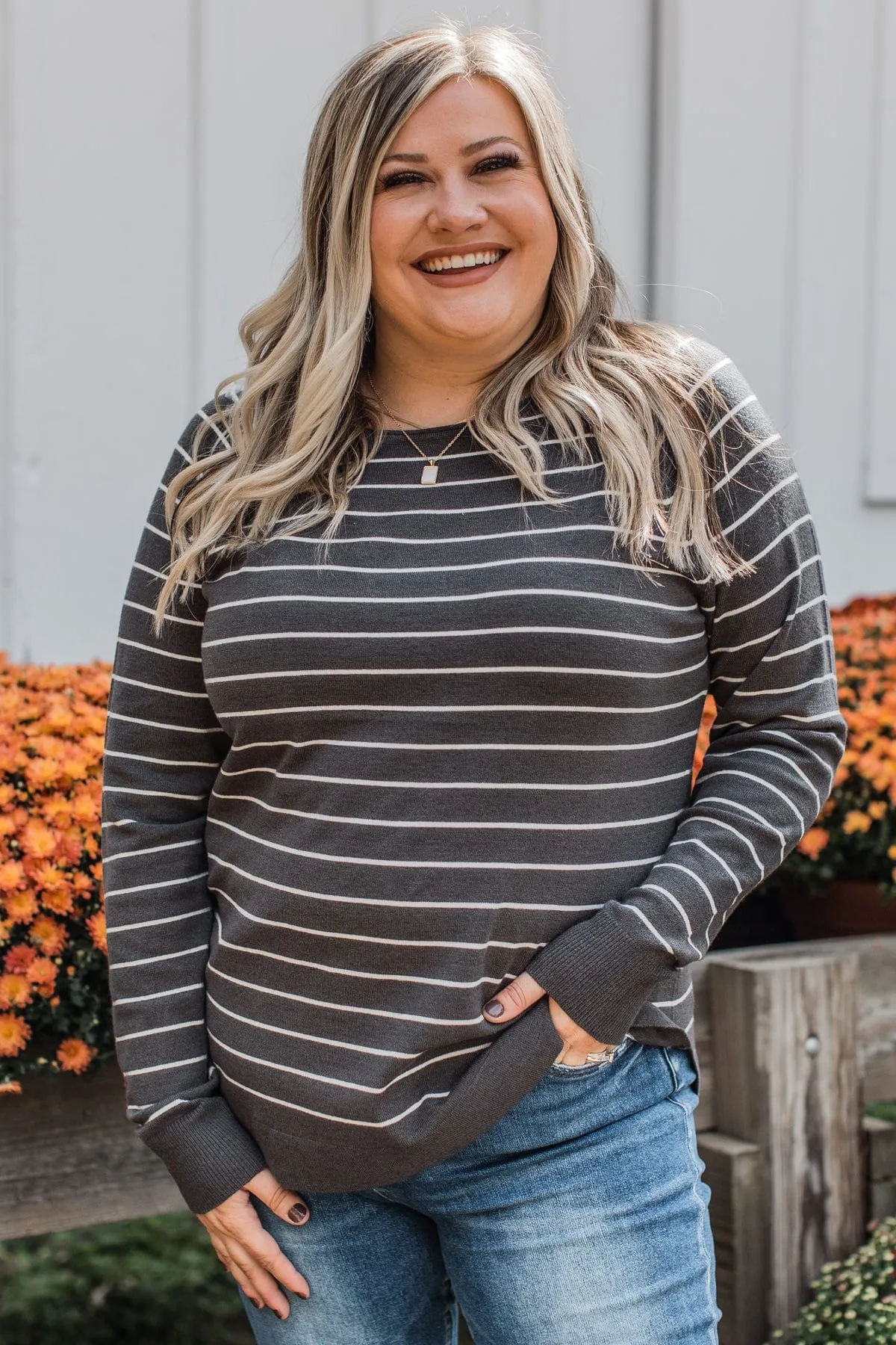 Days Like These Striped Knit Sweater- Charcoal & Ivory