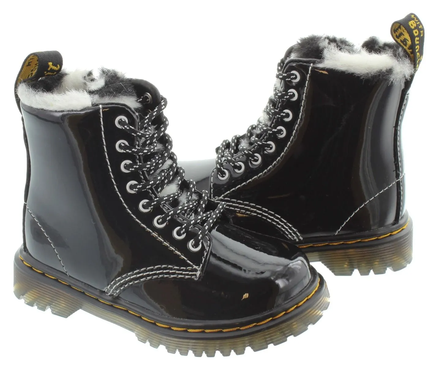 DR MARTENS Kids Serena Leopard Lace Ankle Boots In Black Patent