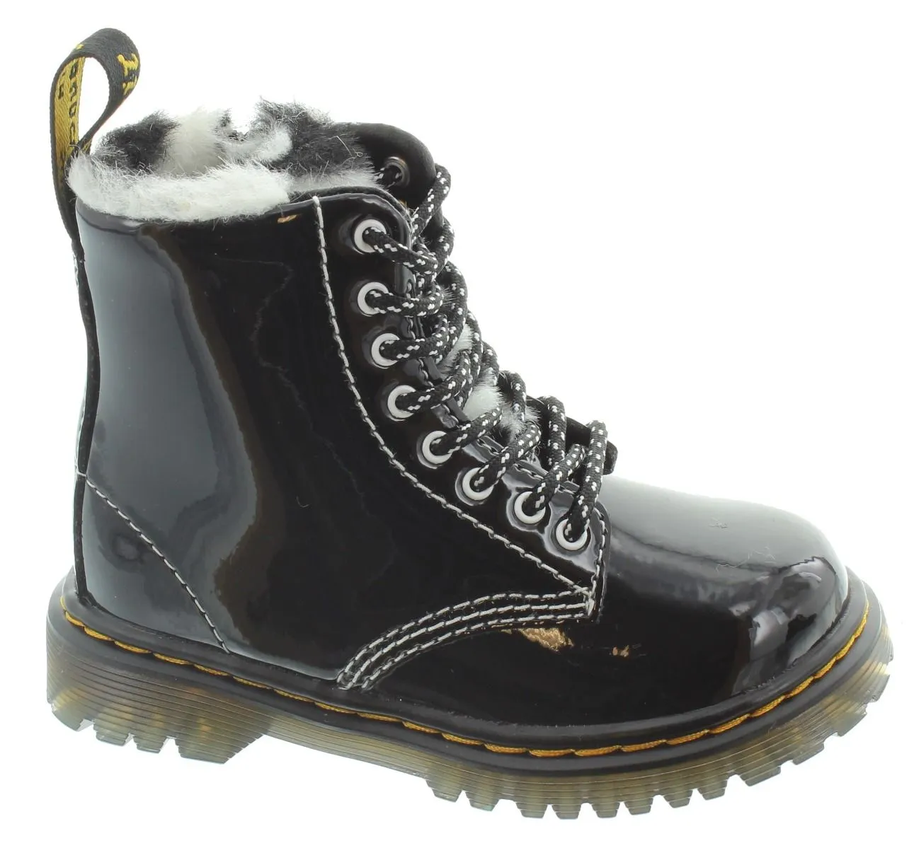 DR MARTENS Kids Serena Leopard Lace Ankle Boots In Black Patent