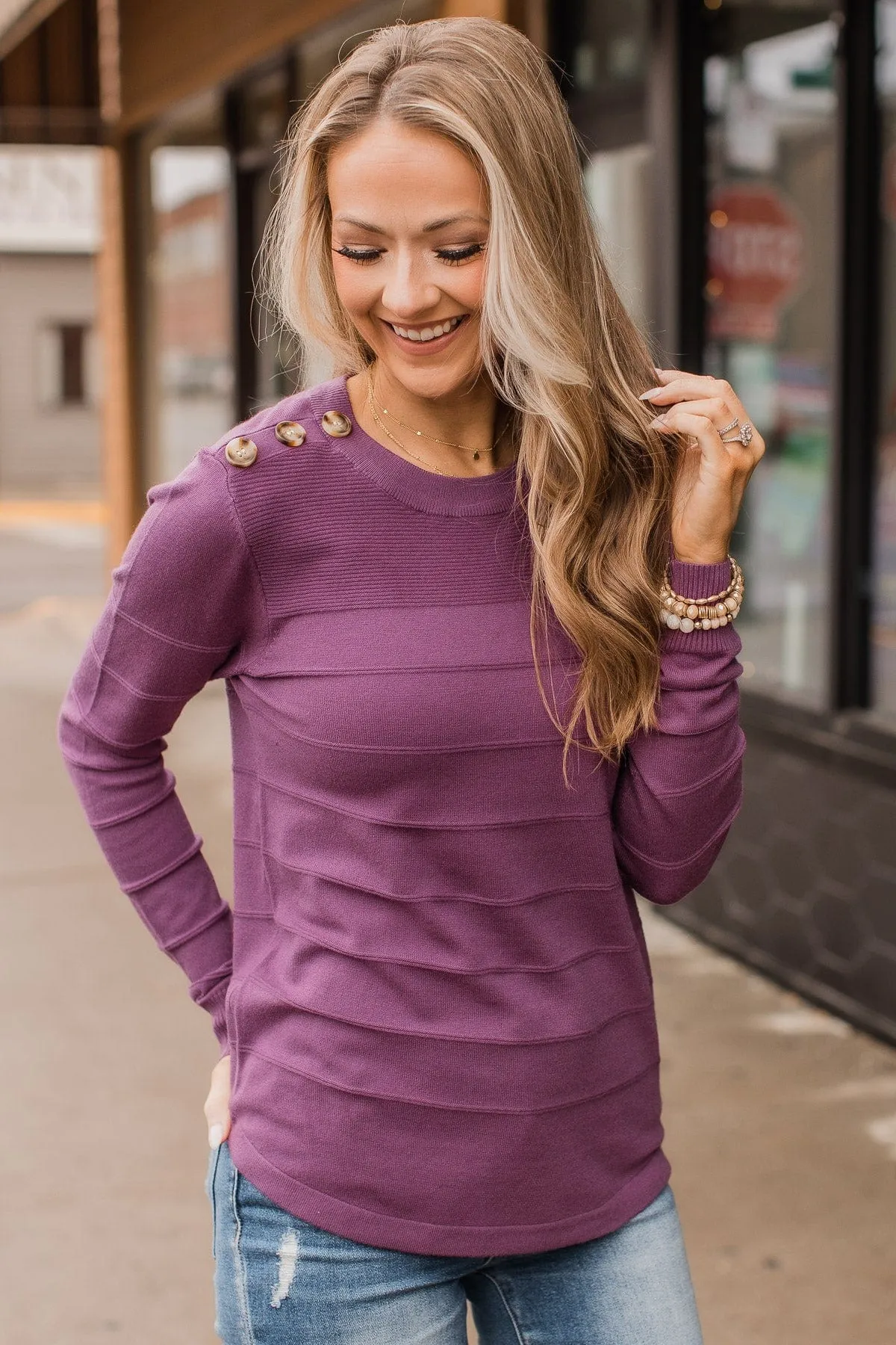 From The Heart Button Knit Sweater- Dusty Plum