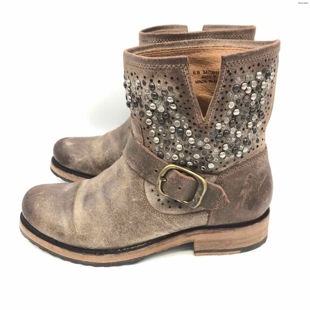 FRYE Brown Brass Suede Leather Made in Mexico Studded Ankle Boot Boots