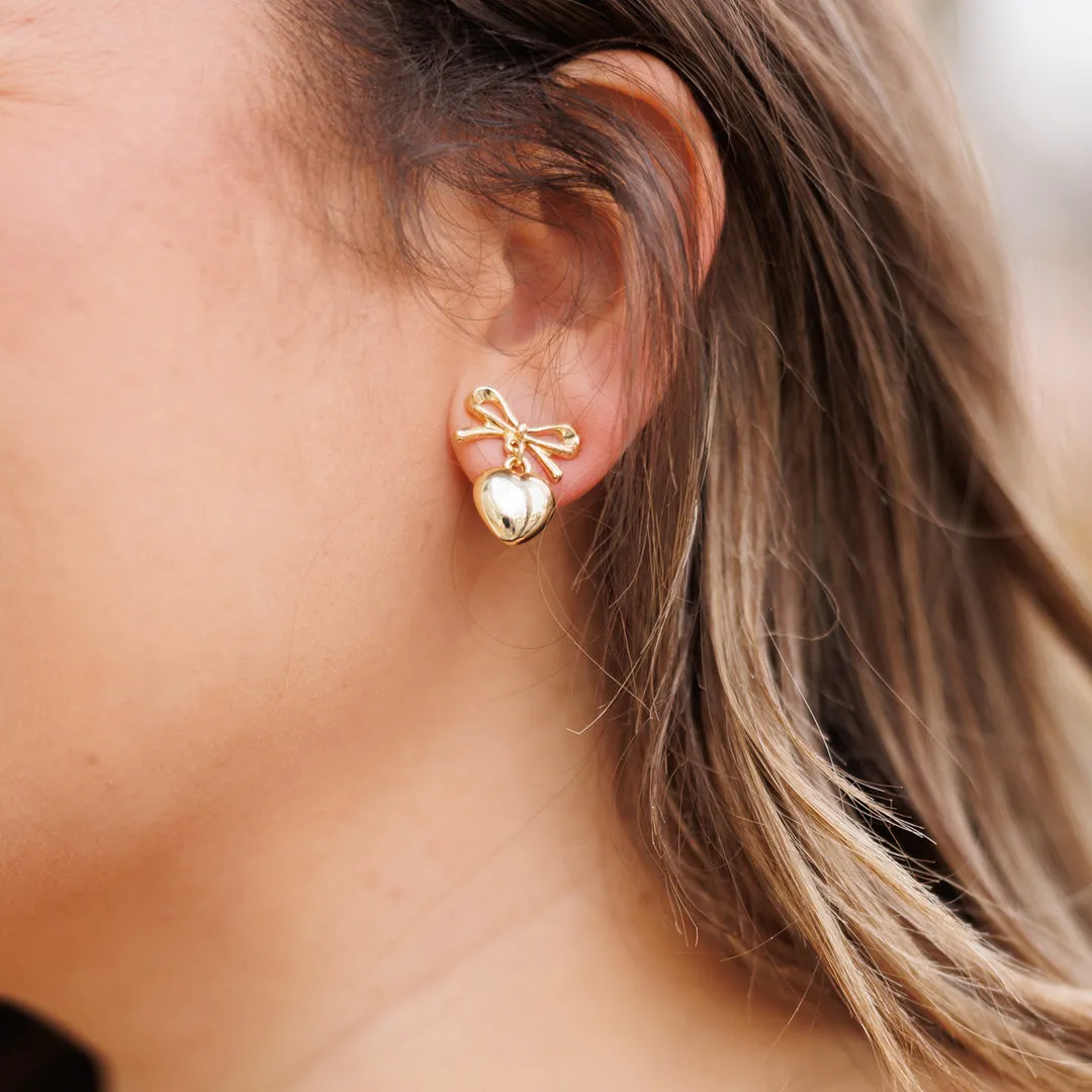 Heart and Bow Earrings, Gold