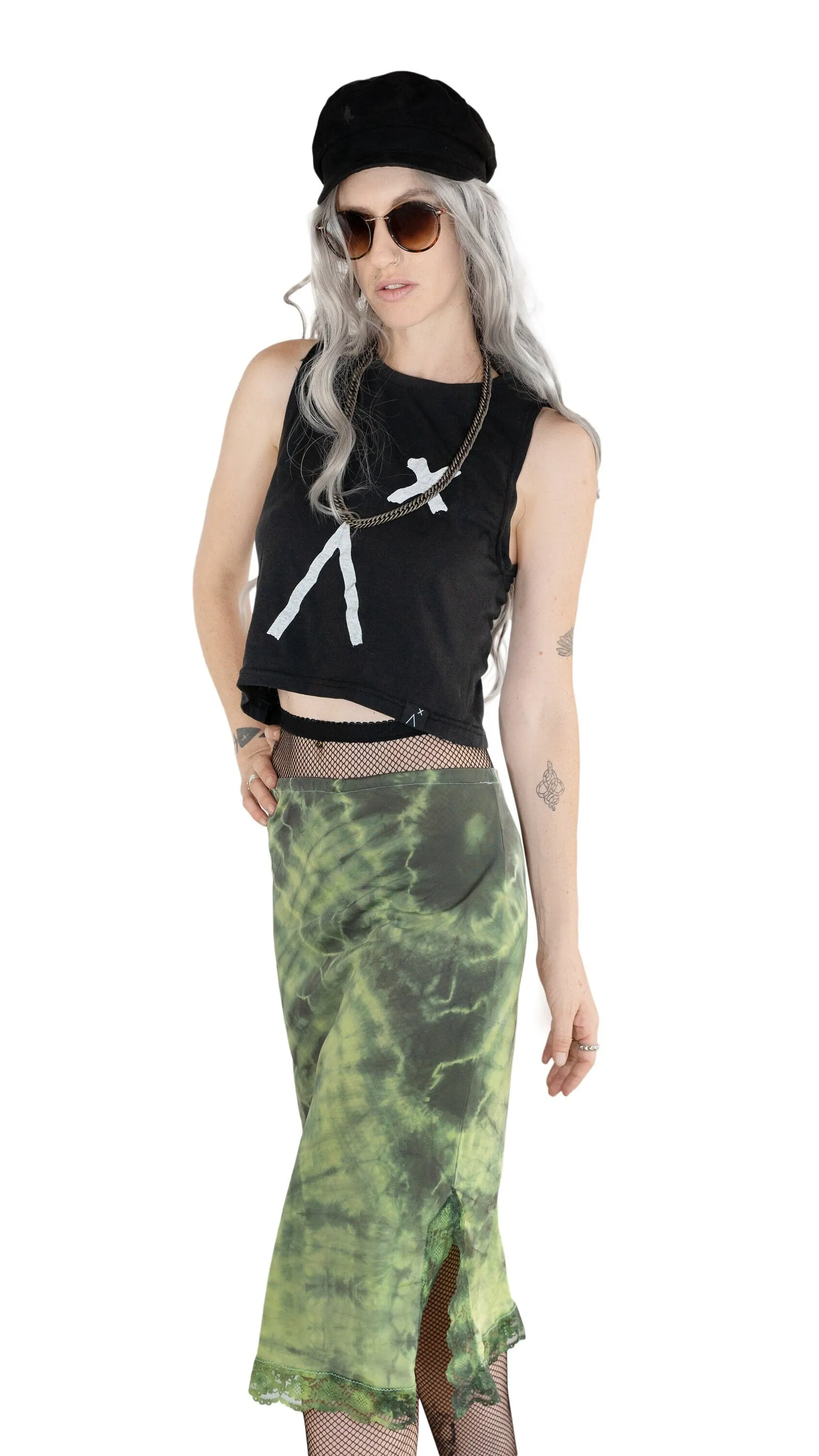 Marbled tie dye black green slip skirt