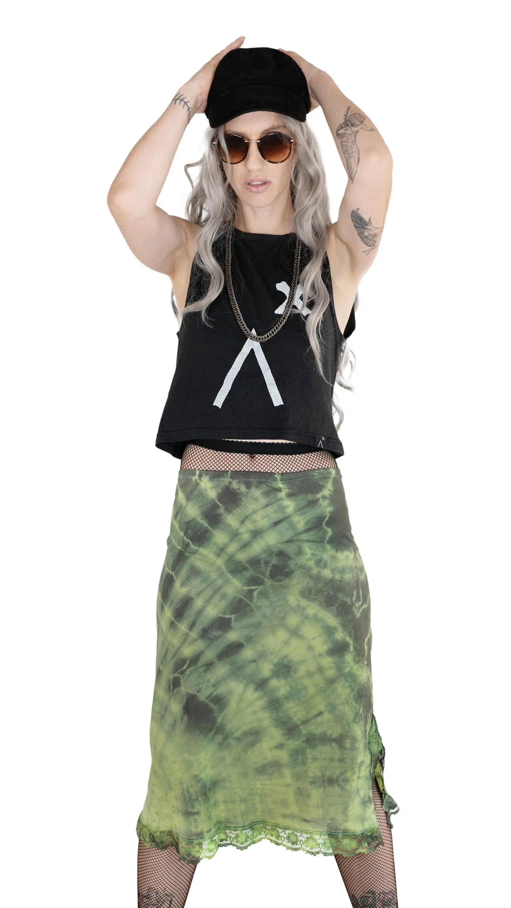 Marbled tie dye black green slip skirt