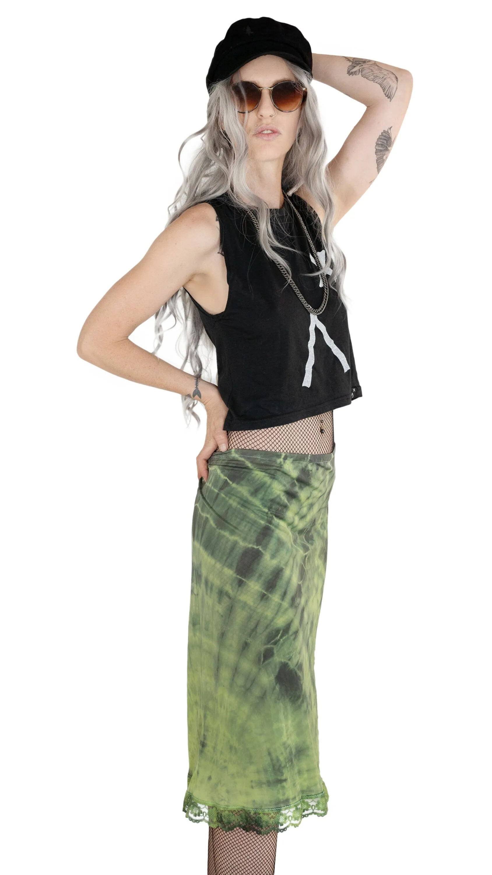 Marbled tie dye black green slip skirt