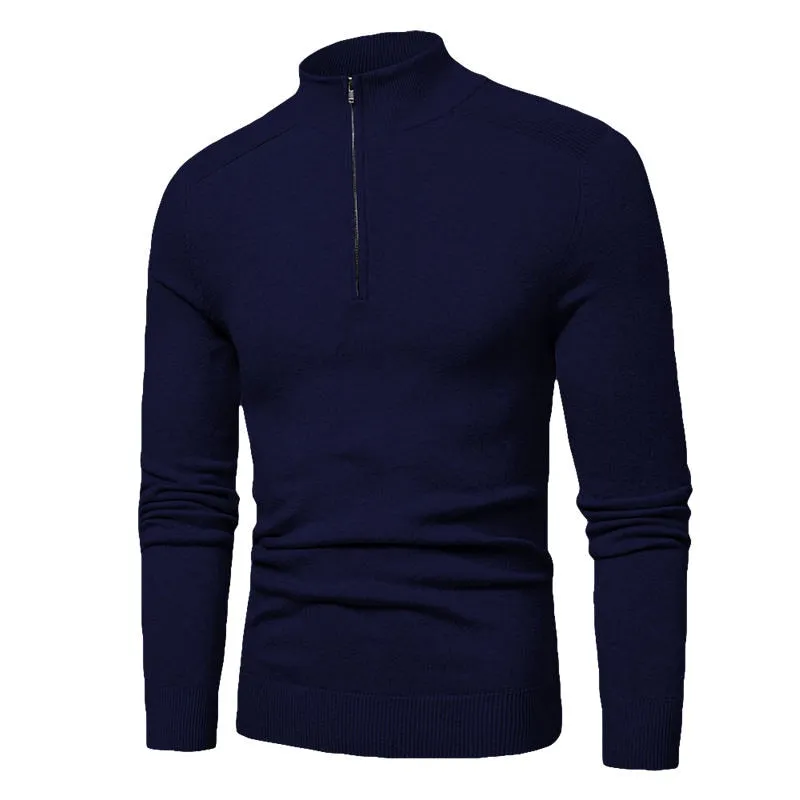 Men's Cotton Knitted Standard Wool Turtle Neck Quarter Zipper Pollover