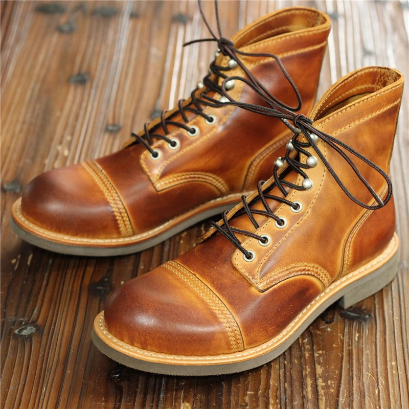 Men's Vintage Handmade Genuine Leather Round Toe Motorcycle Ankle Boots