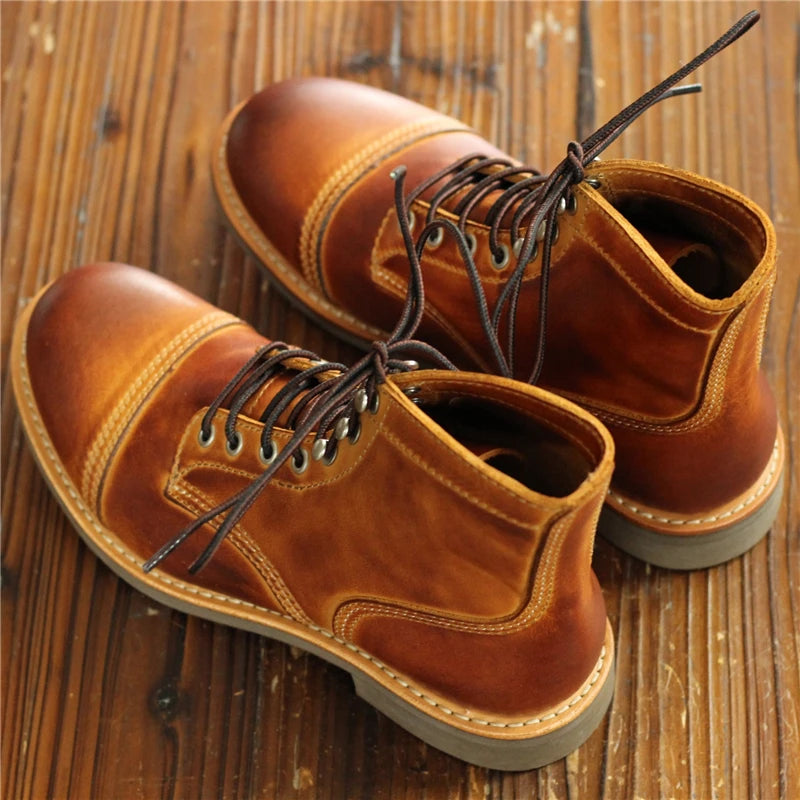 Men's Vintage Handmade Genuine Leather Round Toe Motorcycle Ankle Boots