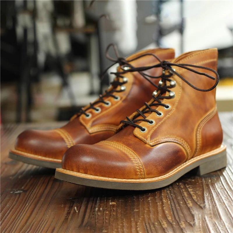 Men's Vintage Handmade Genuine Leather Round Toe Motorcycle Ankle Boots