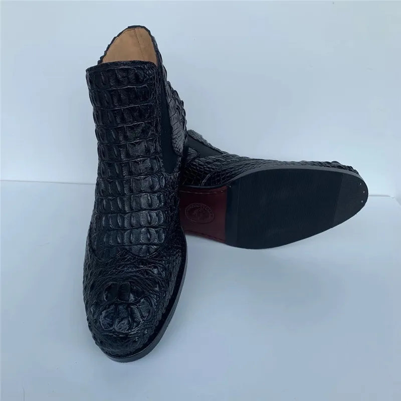 Men's Winter Black Genuine Leather Alligator Pattern Ankle Boots