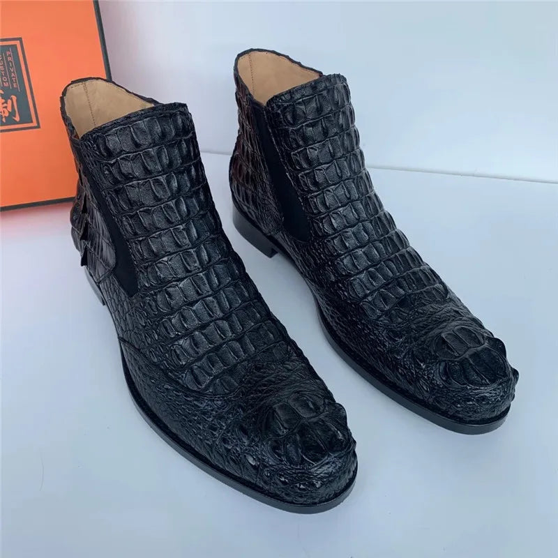 Men's Winter Black Genuine Leather Alligator Pattern Ankle Boots