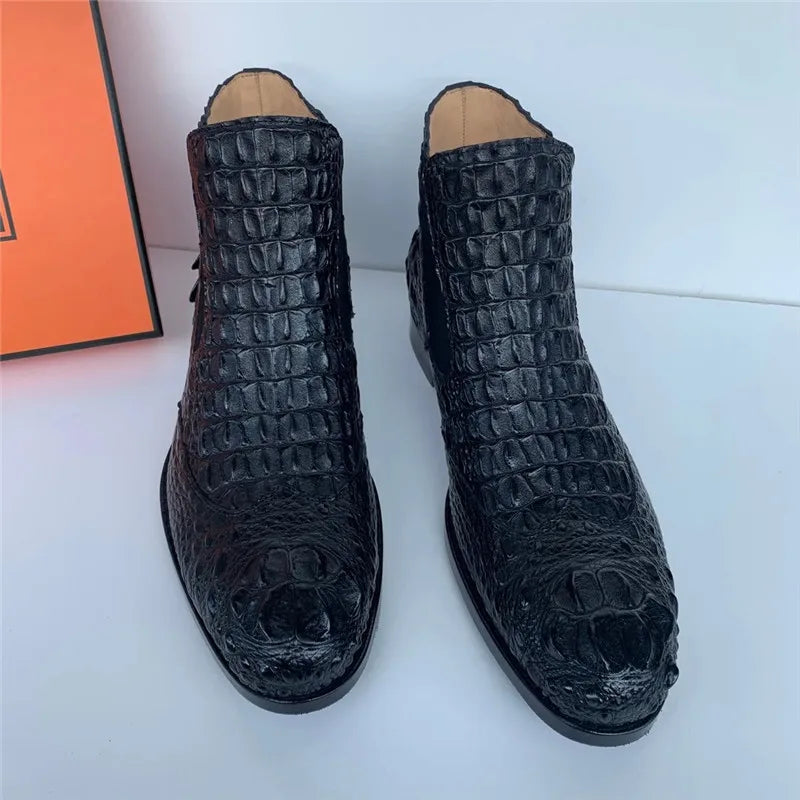 Men's Winter Black Genuine Leather Alligator Pattern Ankle Boots