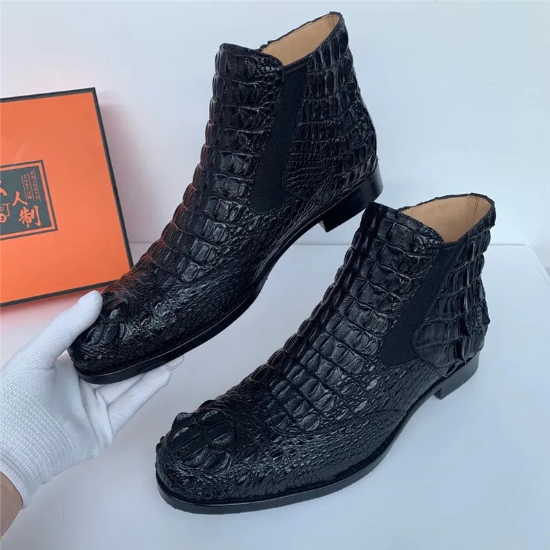 Men's Winter Black Genuine Leather Alligator Pattern Ankle Boots