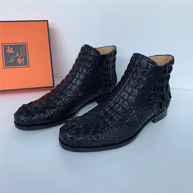 Men's Winter Black Genuine Leather Alligator Pattern Ankle Boots