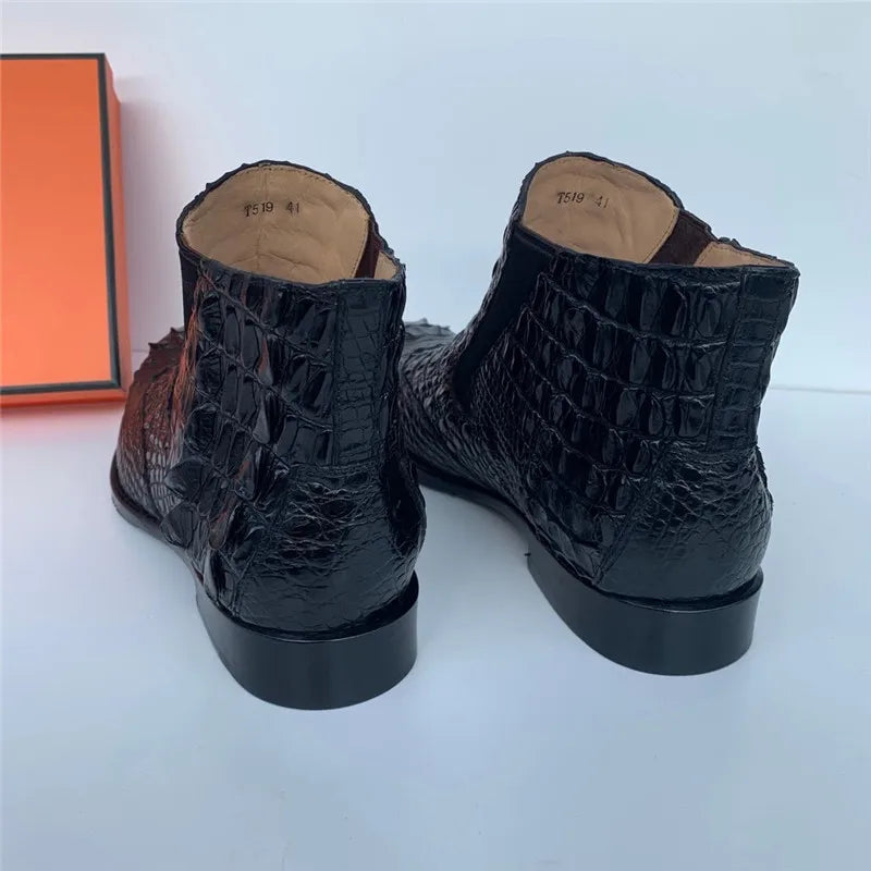 Men's Winter Black Genuine Leather Alligator Pattern Ankle Boots