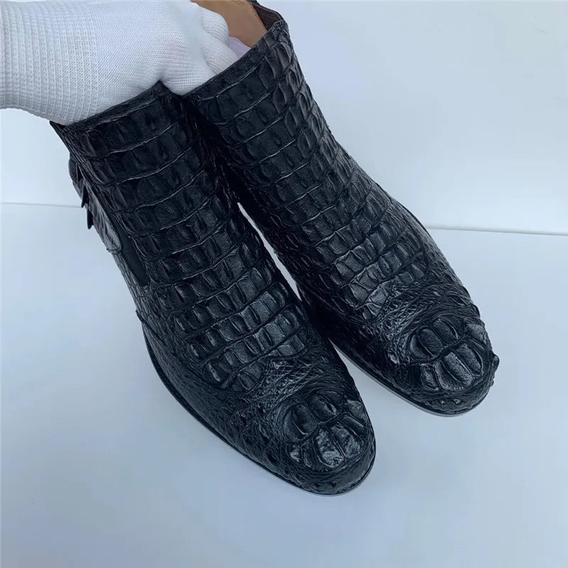 Men's Winter Black Genuine Leather Alligator Pattern Ankle Boots