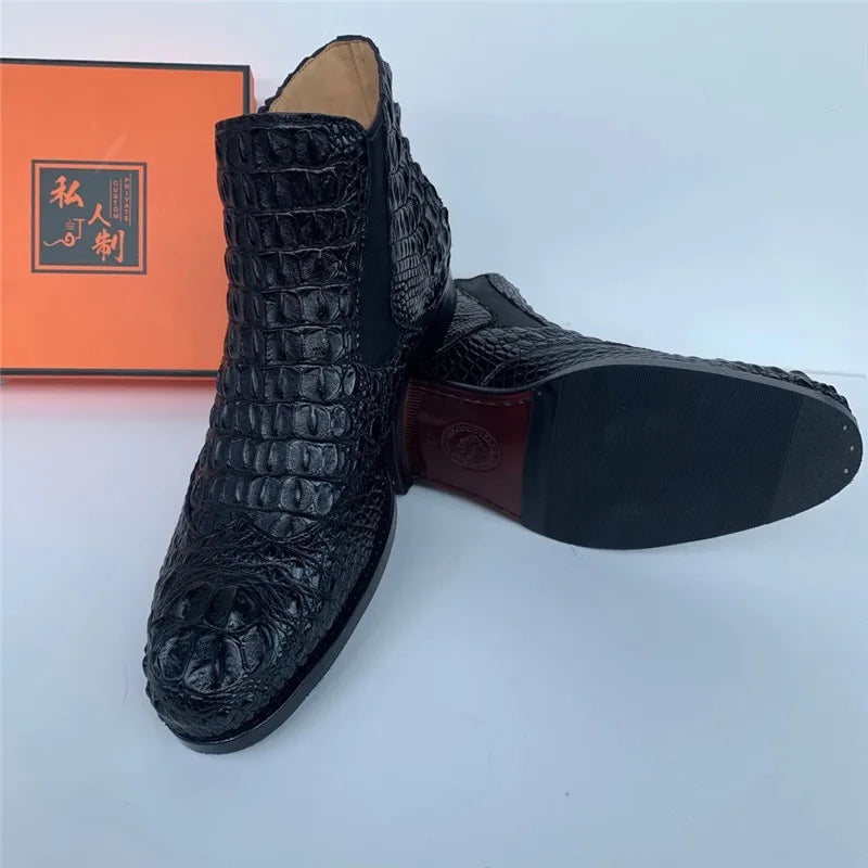 Men's Winter Black Genuine Leather Alligator Pattern Ankle Boots