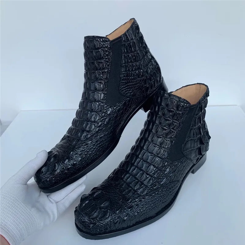 Men's Winter Black Genuine Leather Alligator Pattern Ankle Boots