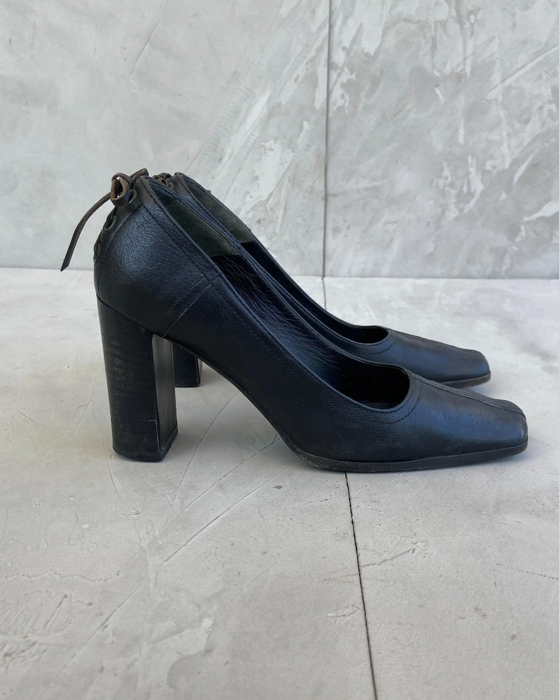 MIU MIU LEATHER LACE BACK BLOCK HEELS - EU 35 / UK 2