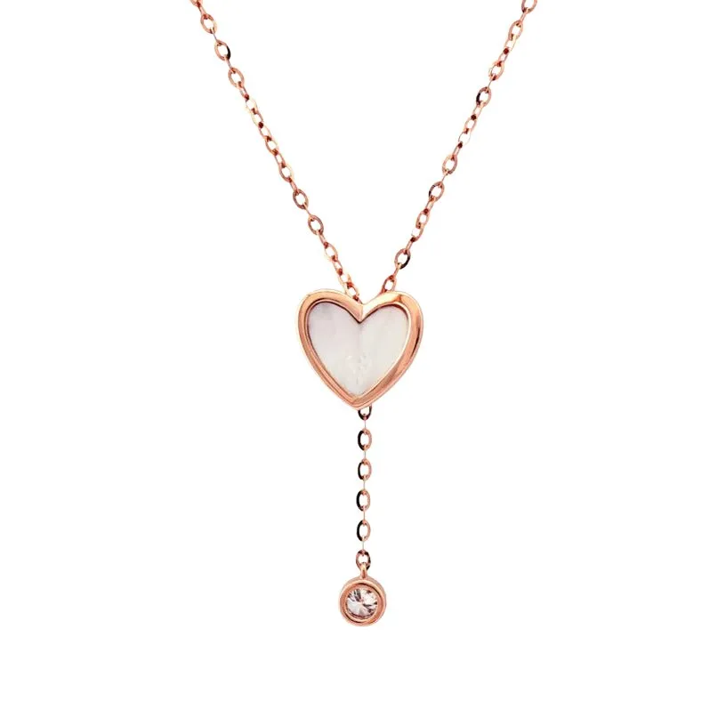 Mother of Pearl Heart And Diamond Drop Lariat Necklace