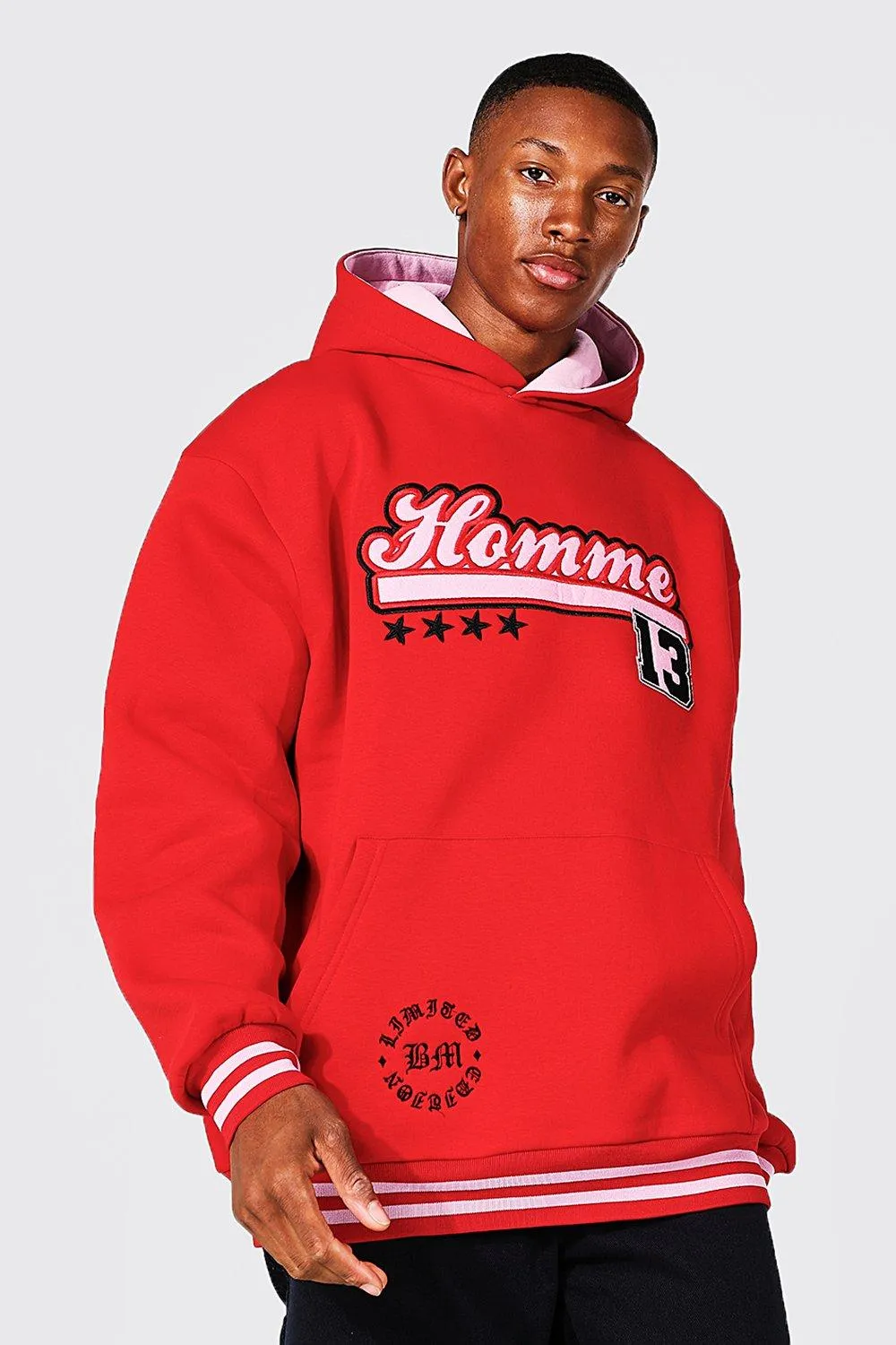 Oversized Homme Applique Varsity Hoodie | boohooMAN UK