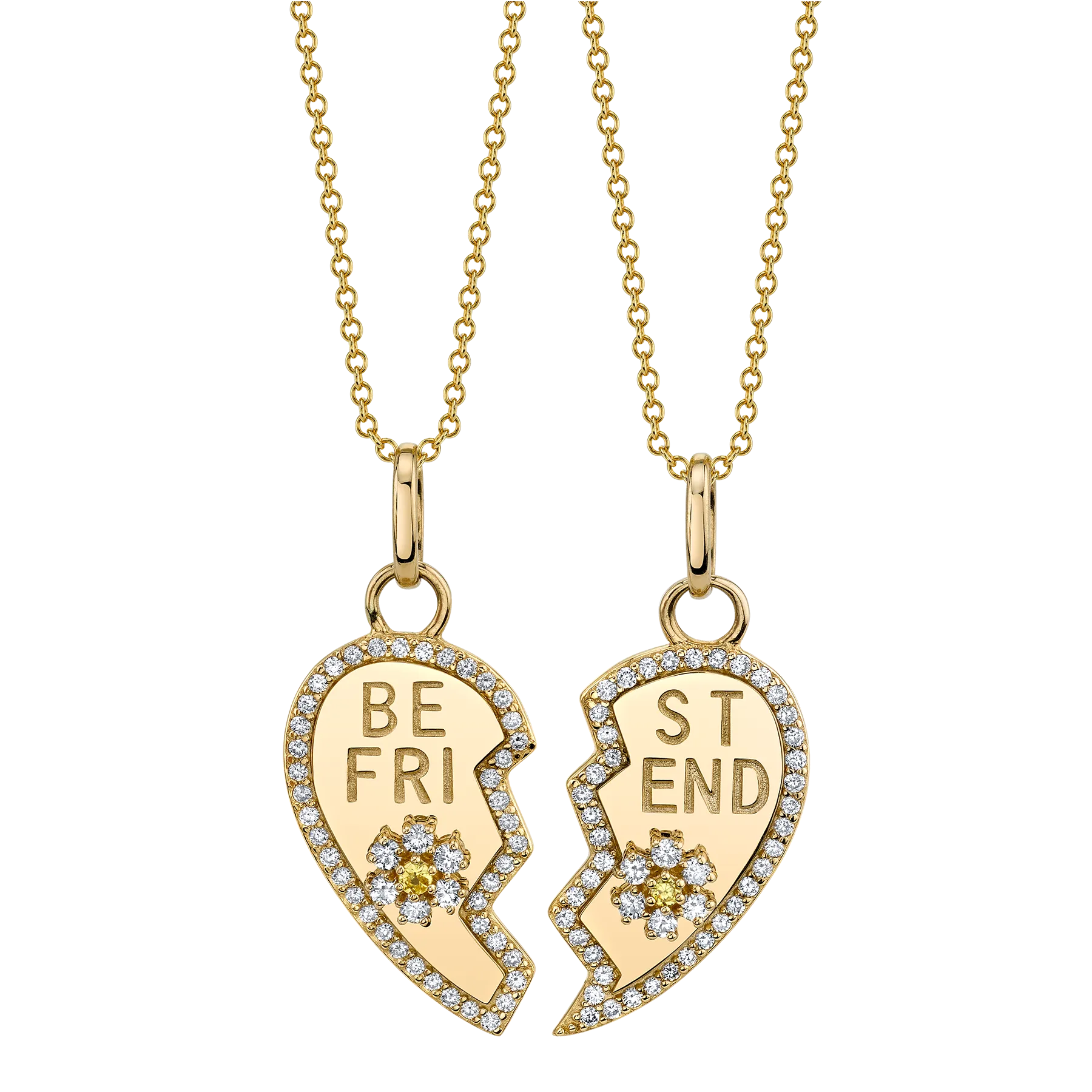 Pavé Best Friend Heart And Flower Pendant Set - White Diamond / 14k Yellow Gold